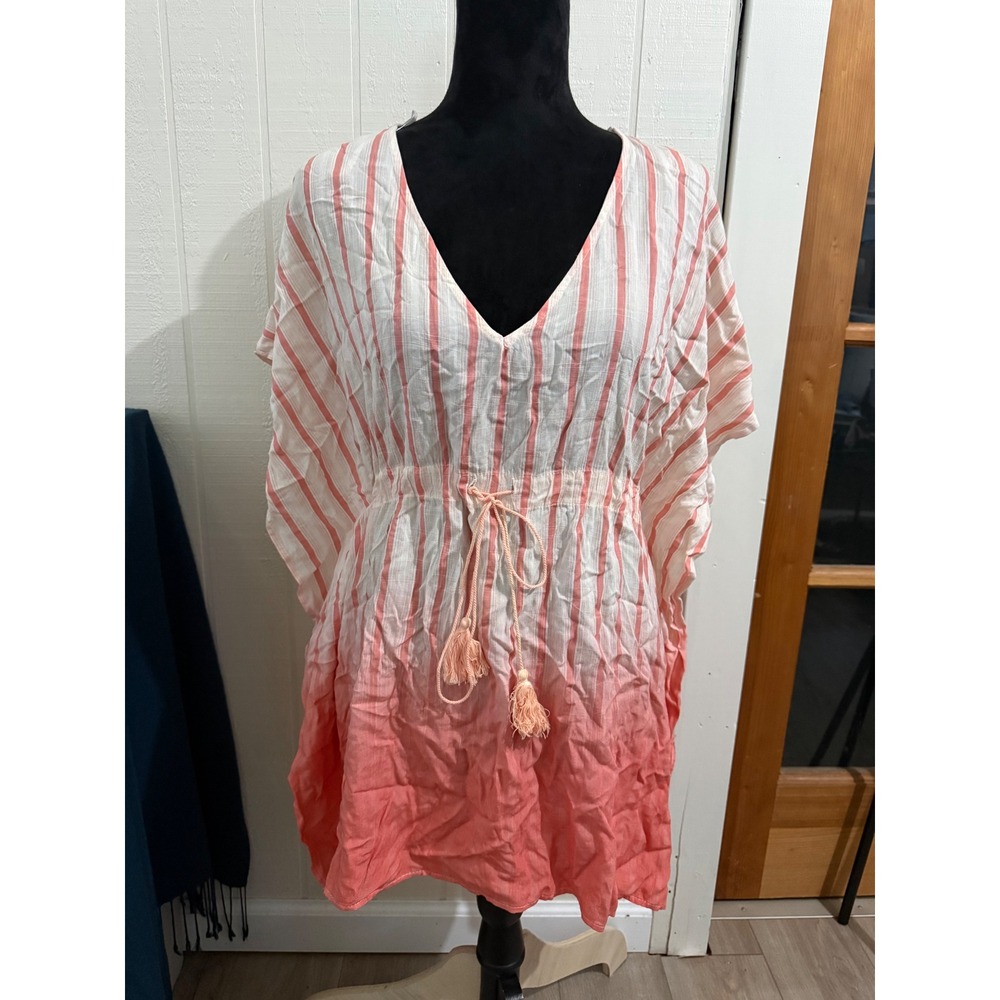 NWT Loveriche Pink Coral Ombre Stripe Kaftan Swim Cover Up Tie Waist Small